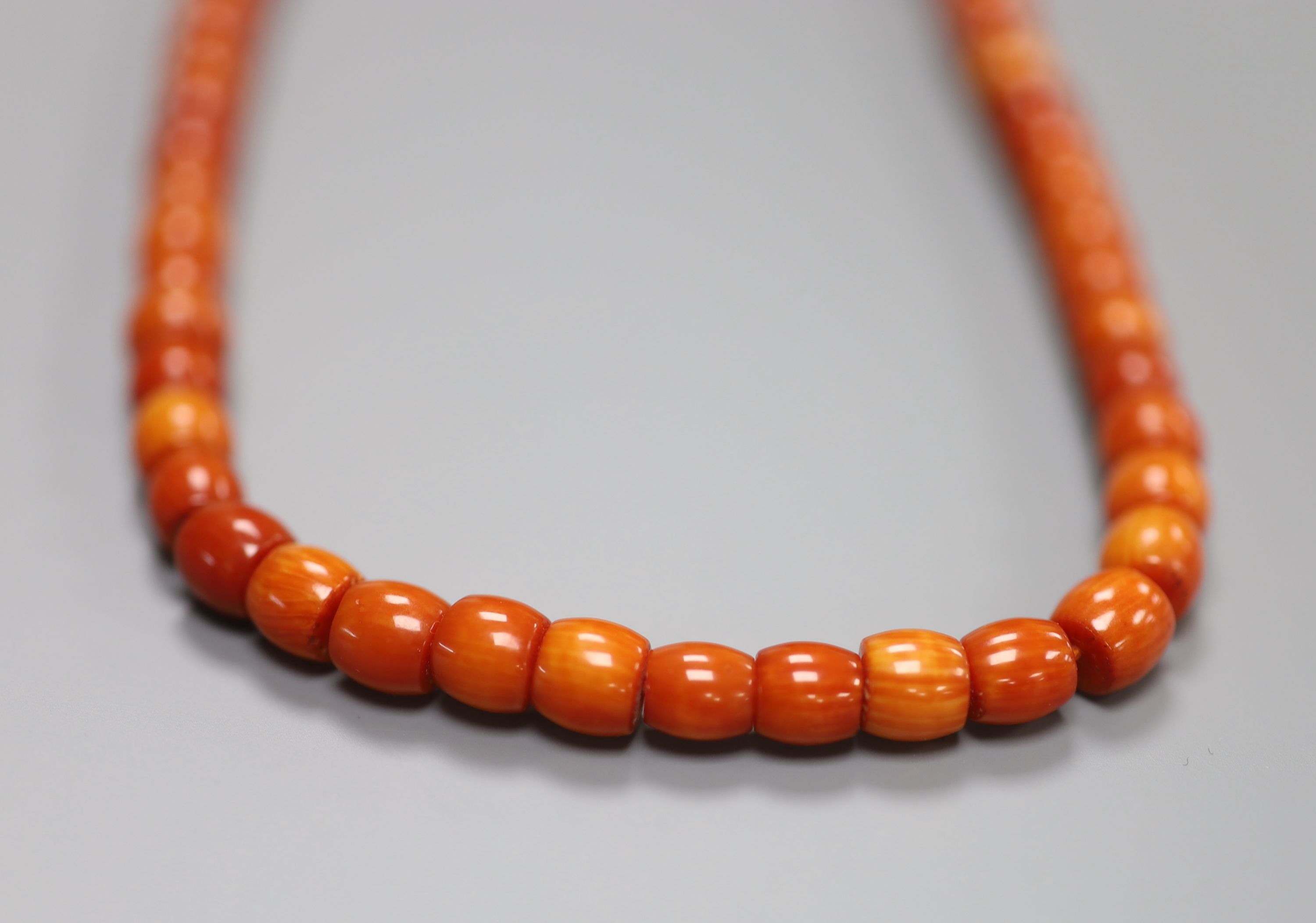 A single strand coral bead necklace, with gilt metal barrel clasp, 50cm, gross 52 grams.